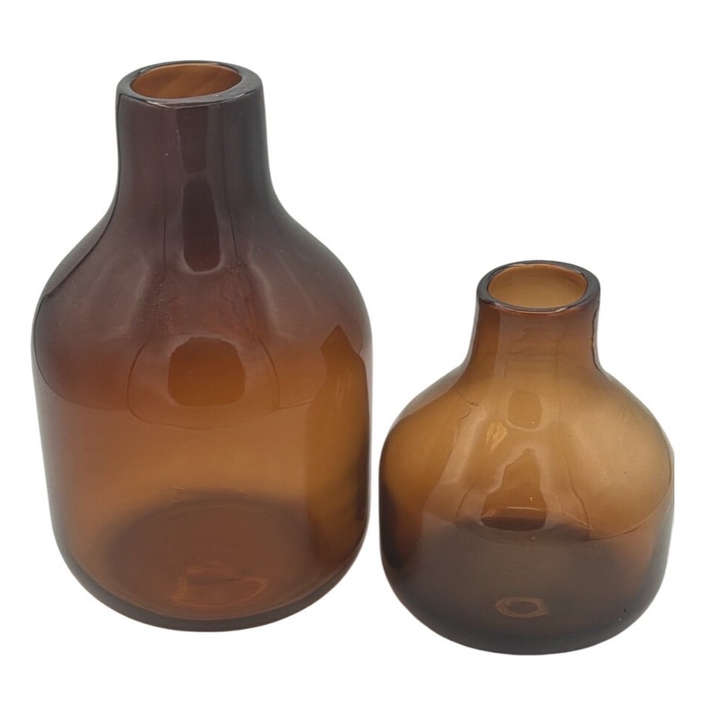 Torre & Tagus Amber Glass Bottle Vase MCM Art Glass Bud Vases Pair Minimalist